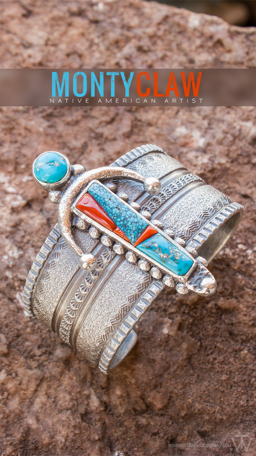 A Gorgeous Bracelet by Navajo artist Monty Claw. A great old style look with some beautiful stones. Kingman, Morecni, and Coral. A nice two piece tufa cast combo. Love it!