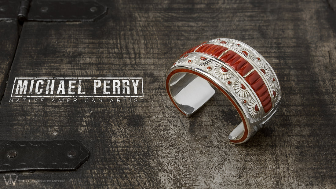 Michael Perry finally brought us one of his Bracelets. Gorgeous! Beautiful modern touches in a old style feel of a design. Great Coral inlay / cobble work along with intricate texture and stamp work.