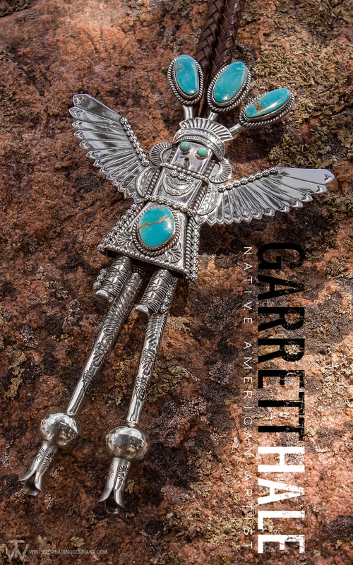 A Beautiful Kachina Bolo by Navajo artist, Garrett Hale. Very unique and detailed design! Nice stamp work along with some decent Kingman stones.