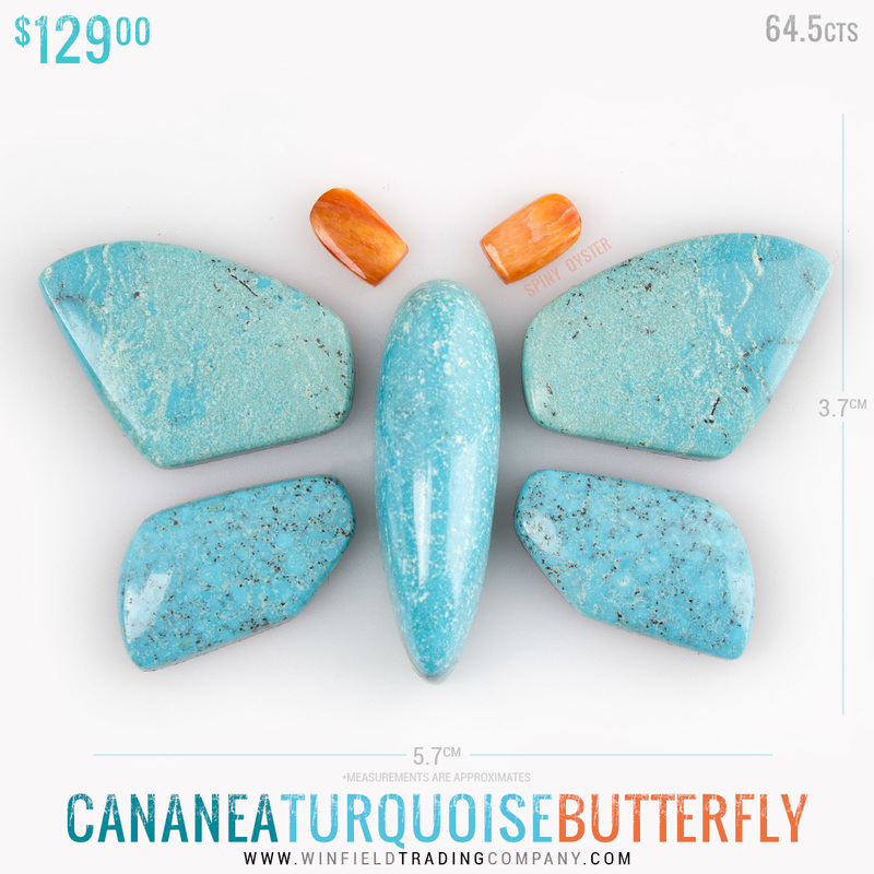We have these Beautiful Cananea Turquoise and Spiny Oyster Butterfly Stone Sets. Some great cuts and matches for use in your jewelry or design!