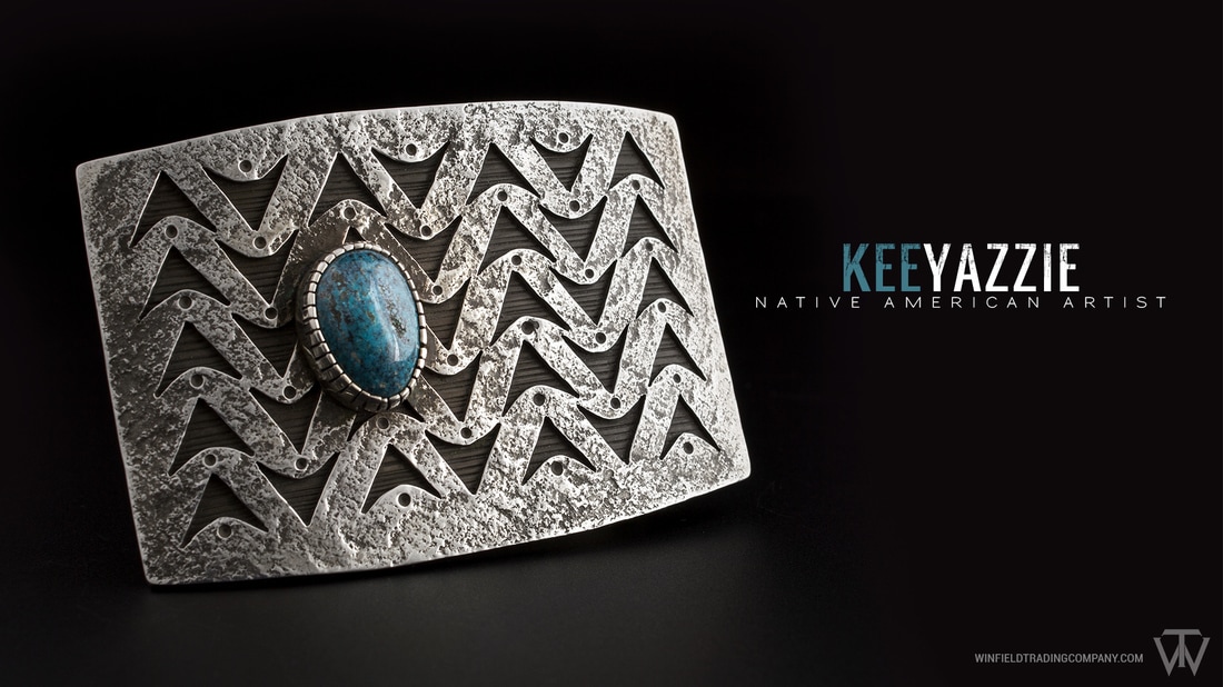 Looking for a unique Belt Buckle? This one has your name! This stylish contemporary buckle was designed by Kee Yazzie. Some Beautiful dark blue Turquoise and an array of textures!