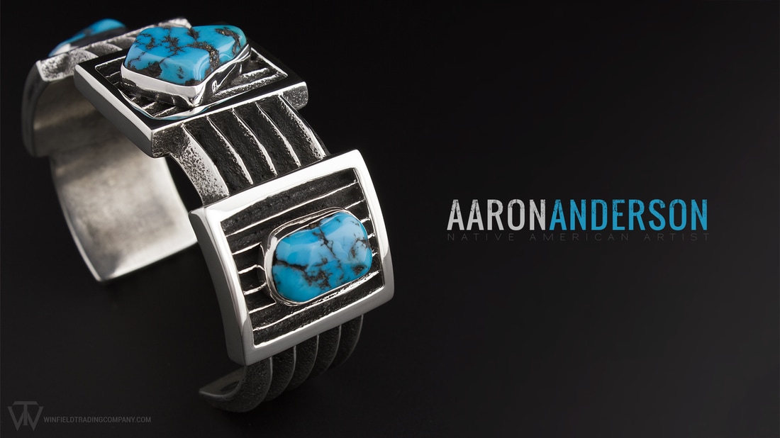 Aaron Anderson brought us another spectacular bracelet. Very Contemporary and Abstract Design with some Beautiful Sleeping Beauty Turquoise. The Shapes and Textures make for a very unique style. Love it!