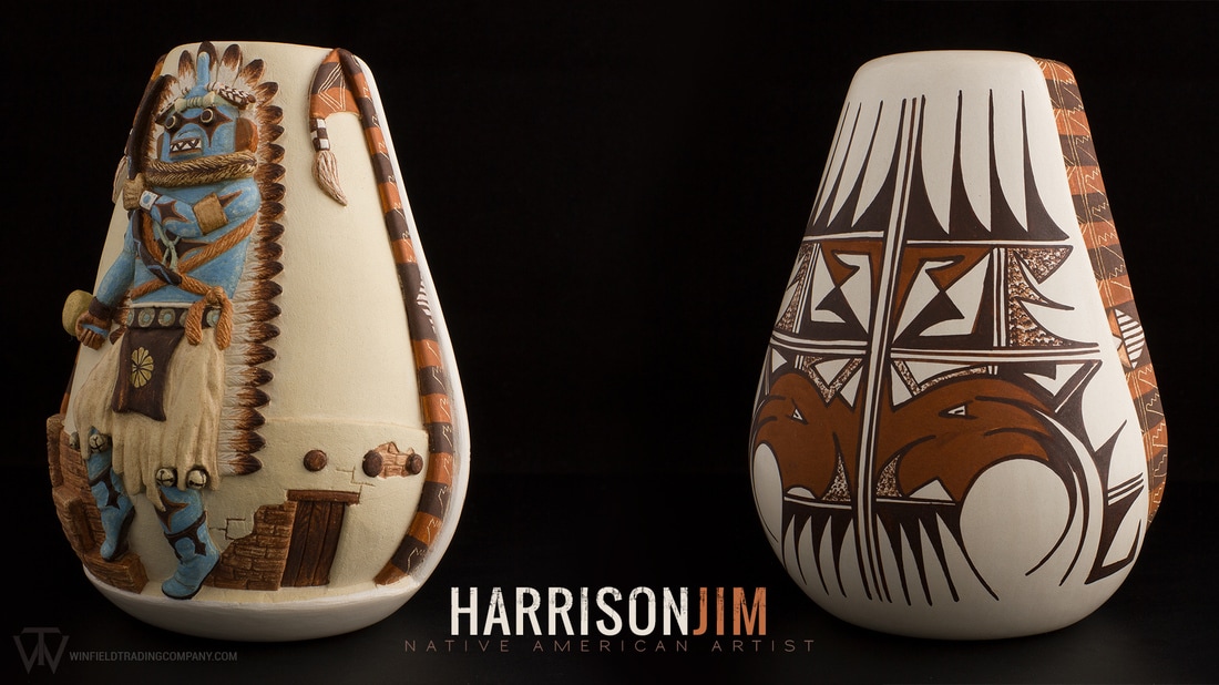 An Absolute Beautiful Vase/Pottery by Harrison Jim. Incredible detail both in the carving and painting. A great use of Earth and Sky colors. Here is a 360 Video and photos.