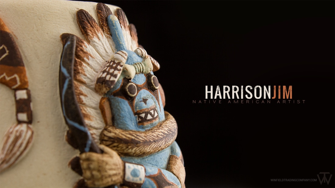 An Absolute Beautiful Vase/Pottery by Harrison Jim. Incredible detail both in the carving and painting. A great use of Earth and Sky colors. Here is a 360 Video and photos.
