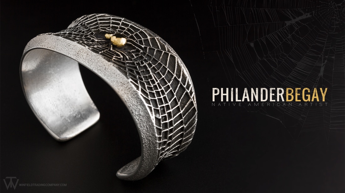 Shall we start off the week with something a little different? This very unique Tufa Cast Bracelet by Philander Begay incorporates a detailed Spider Web design topped with some 14K Drops for the Spider body. The artist was able to get 2 of these from the mold, but the second one is not without imperfections. This one however came out near perfect.