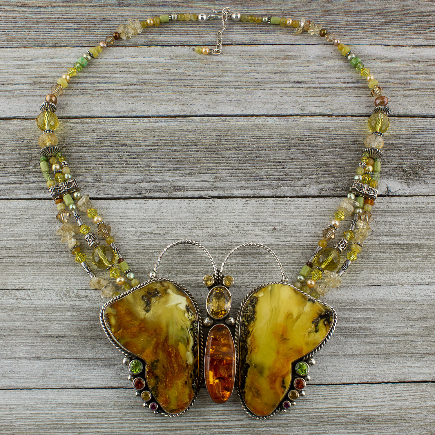 Yellow amber butterfly necklace