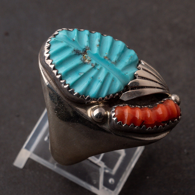 Carved Turquoise and Coral Ring